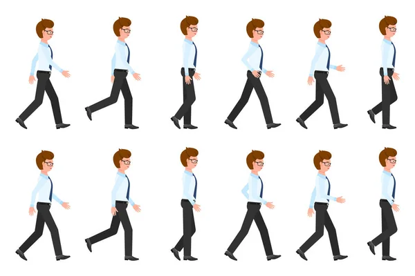 Young Adult Eyeglasses Man Walking Sequence Poses Vector Illustration Moving — Stock vektor