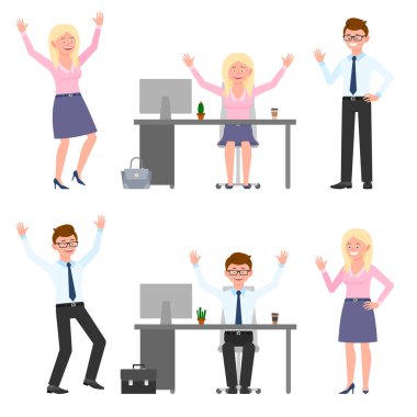 Mutlu, gülümseyen, zıplayan genç gözlüklü adam ve kadın vektör çizimi. Zıplıyor, eller havaya, ofis işyerinde eğleniyor erkek ve kız çizgi film karakteri beyaz üzerine kurulu.