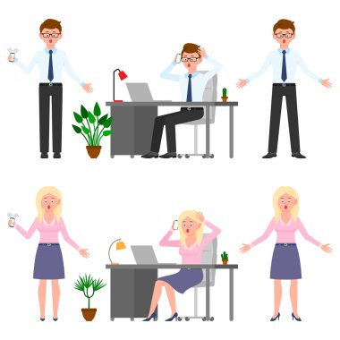 Şaşırmış, şaşırmış, şaşırmış, baş belası ofis çalışanı ve kadın vektör illüstrasyonu. Stresli, endişeli, gergin, korkmuş, akıllı telefonlu çocuk ve kız çizgi film karakteri beyaz üzerine kurulu.
