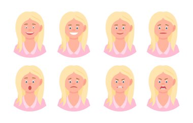 Duygusal yüz karikatürü karakteri ofis kadını ön görüş vektör çizimi seti. Mutlu, gülümseyen, üzgün, şaşırmış, üzgün, kızgın, bağıran sarı saçlı kadın-insan düz stili konsept