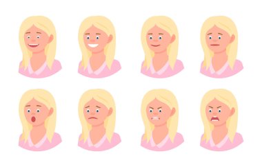 Emotional face cartoon character office woman 3/4 side view vector illustration set. Happy, smiling, upset, surprised, sad, angry, shouting blonde hair lady person flat style concept