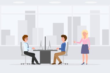 Çizgi film karakteri ofis çalışanları masada oturuyor, bilgisayarda, masaüstünde, klavye vektör illüstrasyonunda yazı yazıyor. İş kadını yöneticisi iş yerinde duruyor.