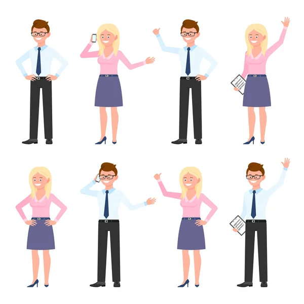 Very Happy Smiling Office Guy Lady Vector Illustration Standing Side — Stock Vector