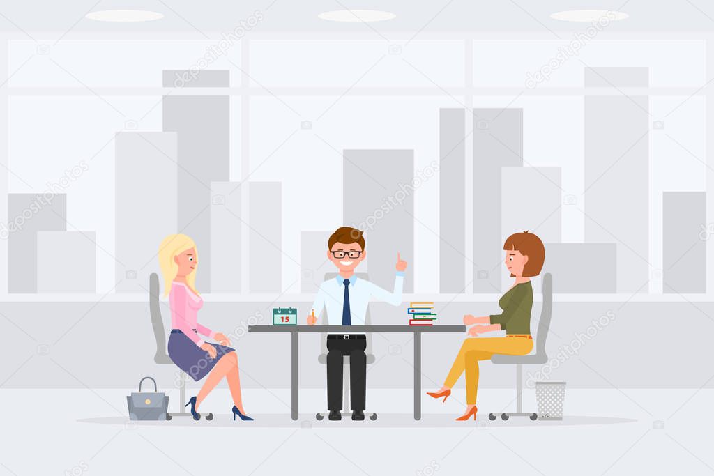 Coworkers at sales meeting in office interior workplace man and woman vector illustration. Business colleagues sitting at desk, discussing, talking, making solutions cartoon character set 