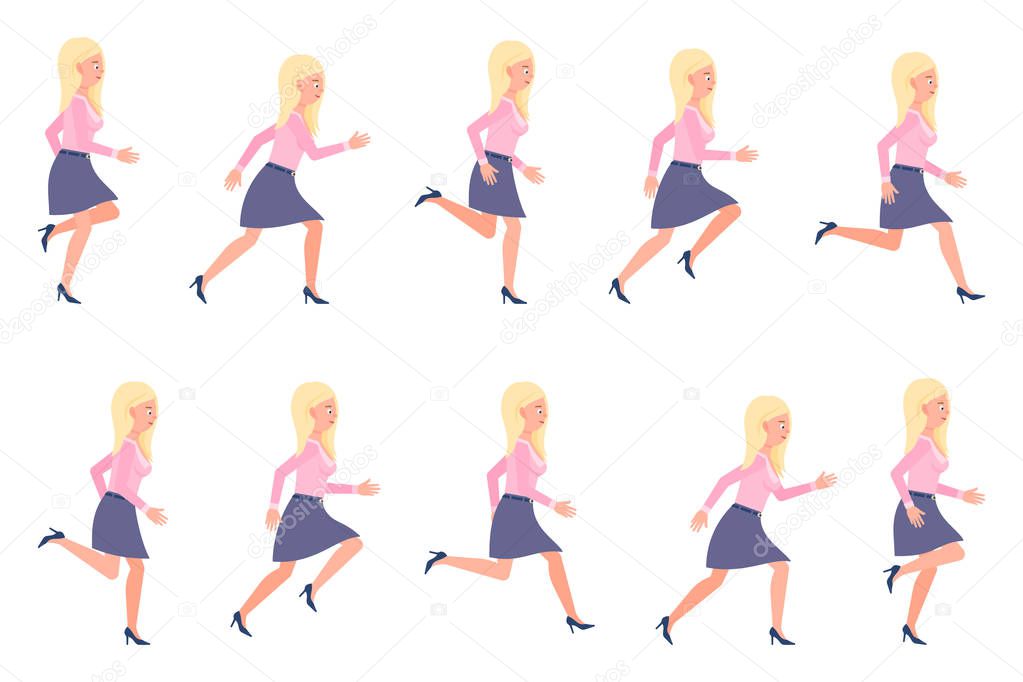 Young, adult blonde woman running sequence poses vector illustration. Fast moving forward, hurry, rush female person cartoon character set on white