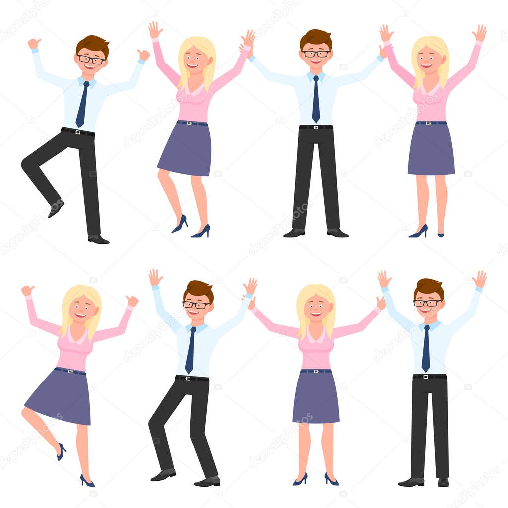 Happy, smiling, jumping young man and woman vector illustration. Hopping, hands up, having fun glasses boy and blonde girl cartoon character set on white