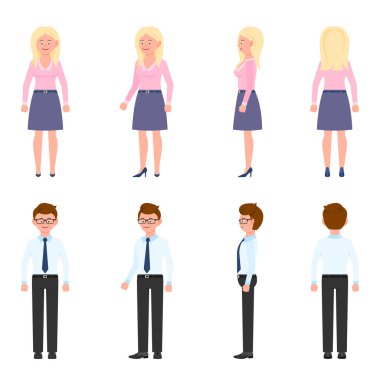 Hoş, sevimli, yakışıklı, güzel ofis çalışanı erkek ve kadın vektör çizimi. Duran, gülümseyen, öne, yana, arkaya bakan erkek ve kadın çizgi film karakterleri beyaz üzerine kuruludur.