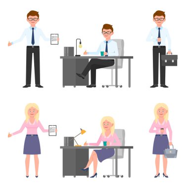 Gülümseyen, hoş bir ofis çalışanı ve kadın vektör çizimi. Önde duran, notlar yazan, masa başında oturan beyaz çizgi film karakteri.