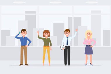 Çizgi film karakterleri ofis içi vektör illüstrasyonunda ön planda duruyor. Erkek ve kadın iş arkadaşları el sallıyor, başparmak kaldırıyor, telefonla konuşuyor, arka planda gülümsüyor.