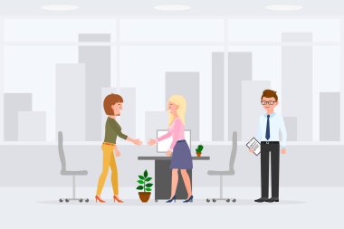 İki kadın, vektör asistanı illüstrasyonuyla el sıkışarak toplantı yapıyor. Ofis içi karikatür karakterinde anlaşma yapan ortaklar şehir planına göre ayarlandı