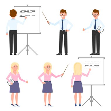 Komik ofis çalışanı ve bayan vektör çizimi. Tahta bir değnek tutuyor, notlarla duruyor, el yazısı çizelgesi üzerinde beyaz çizgi film karakteri seti çiziyor.