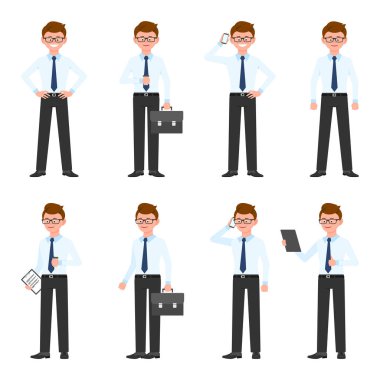 Genç, mutlu, kendine güvenen gözlüklü vektör çizimi. Ellerin kalçada, kahve içerek, telefonla konuşarak, tablet kullanarak, notlar yazarak, beyaz çizgi film karakteri setiyle ayakta durmak.