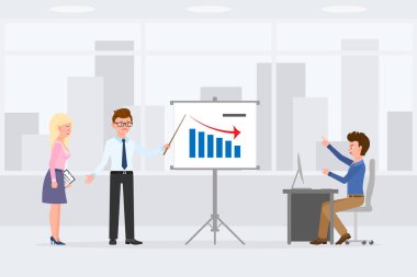 Üzgün, çaresiz, üzgün erkek ve kadının kötü sonuçlar vermesi vektör illüstrasyonunu gösteriyor. Bağıran, işaret eden, azarlayan, öfkeli iş adamı çizgi film karakteri şehir manzarası arka planında.