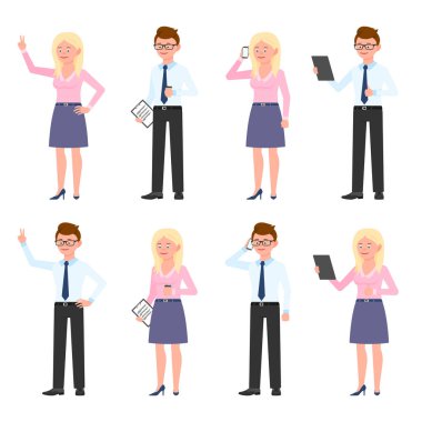 Gülümseyen, sevimli ofis çalışanı ve kadın vektör çizimi. Tablet, notlar, kahve, yan görüş, telefon gözlüklü çocuk ve beyaz üzerine kurulu sarışın kız çizgi film karakterleri.
