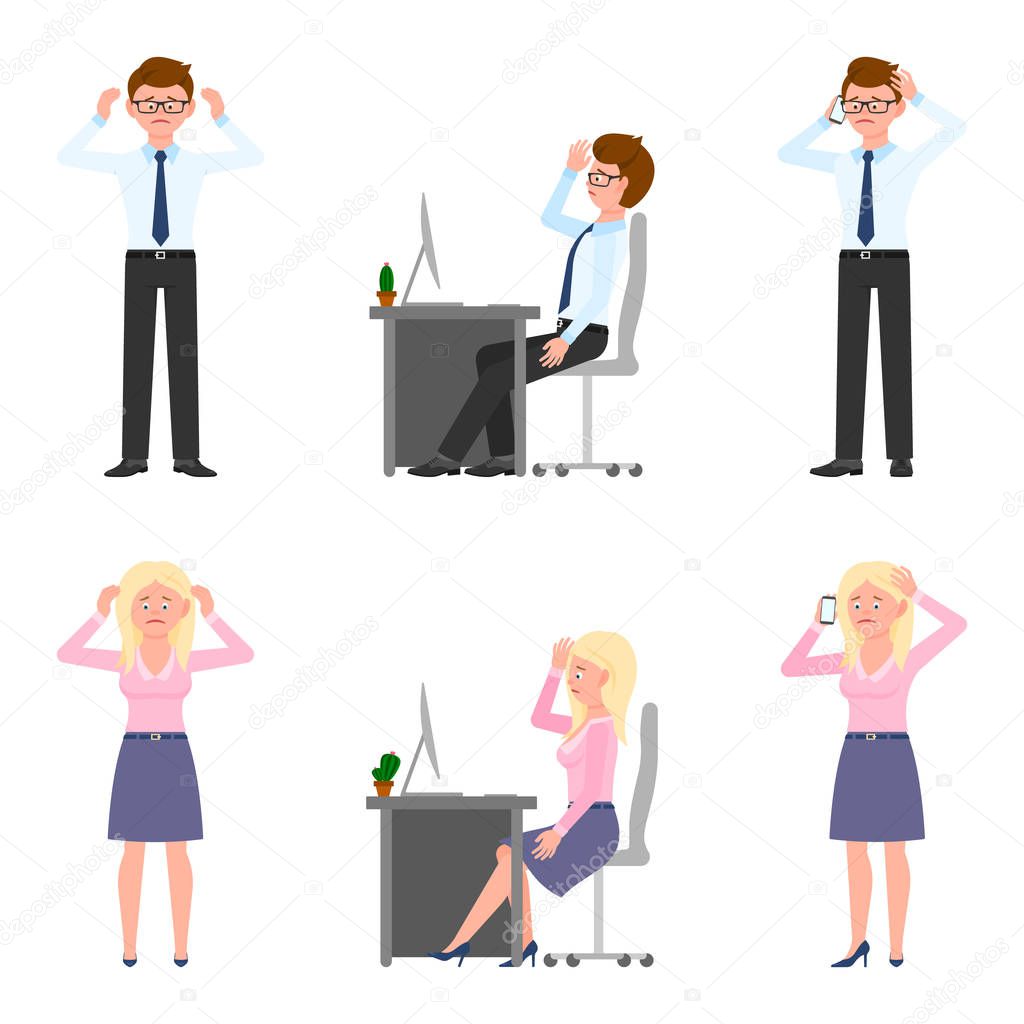 Sad, exhausted, miserable office boy and girl vector illustration. Standing unhappily, upset, talking on phone, depressed man and woman cartoon character set on white