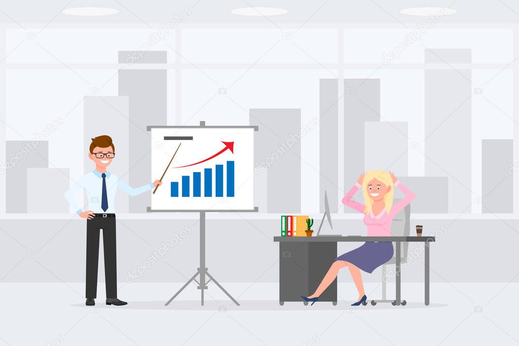 Young, satisfied office man and woman vector illustration. Standing with pointer at presentation report, sitting happily at desk, relaxed, joyful boy and girl cartoon character set