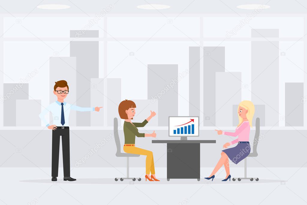 Two woman sitting at desk, meeting, discussing sales report in office workplace vector illustration. Man standing, pointing finger, girl and lady talking at table cartoon character design