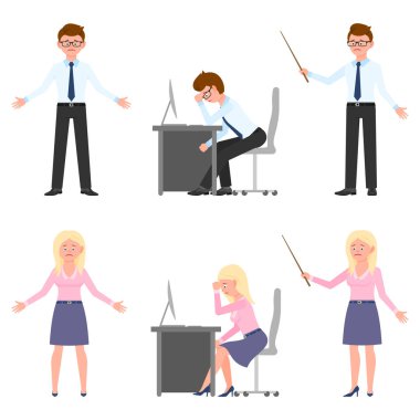 Üzgün, bitkin, zavallı ofis çocuğu ve kız vektör çizimi. İşaretçiyle mutsuz bir şekilde, depresif bir adam ve kadın çizgi film karakteri gibi beyaz üzerine oturmuş.