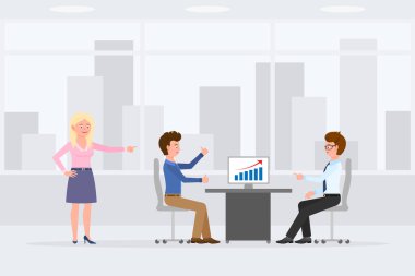 Masada oturan iki adam iş yerindeki vektör illüstrasyonunda satış raporlarını tartışıyor. Kadın ayakta, işaret ediyor, çocuk ve erkek çizgi film karakteri tasarımında konuşuyor.