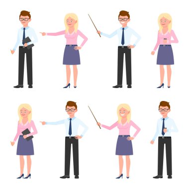 Komik ofis çalışanı ve bayan vektör çizimi. İşaret parmağı, tahta değnek, kahveyle ayakta durmak, notlar yazmak gözlüklü adam ve sarışın kadın çizgi film karakteri beyaz üzerine set