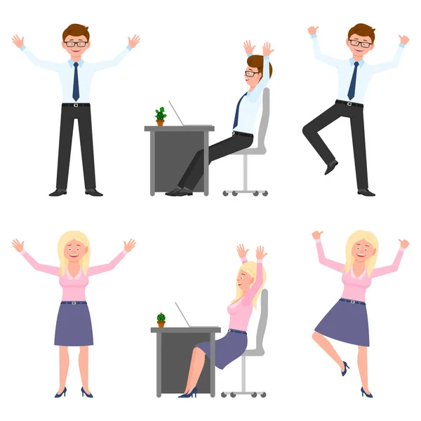 Happy Smiling Jumping Young Office Man Woman Vector Illustration Hopping — Stock Vector