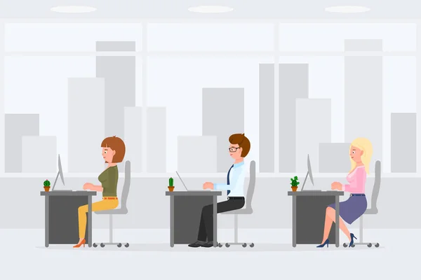 Nette Lustige Geschäftskollegen Sitzen Schreibtisch Und Tippen Auf Computer Desktop — Stockvektor
