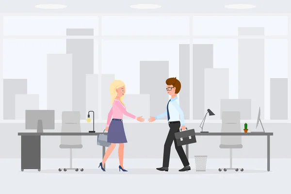 Vriendelijke Man Vrouw Handen Schudden Ontmoetingspartners Vector Illustratie Twee Collega — Stockvector