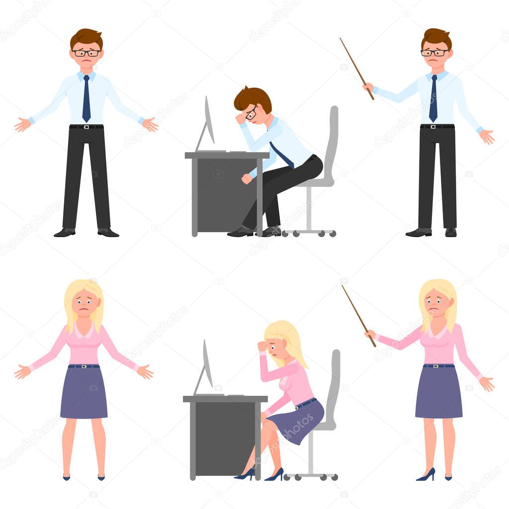 Sad, exhausted, miserable office boy and girl vector illustration. Standing with pointer unhappily, sitting depressed man and woman cartoon character set on white