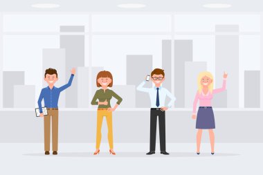 Çizgi film karakterleri ofis içi vektör illüstrasyonunda ön planda duruyor. Erkek ve kadın iş arkadaşları el sallıyor, başparmak kaldırıyor, telefonla konuşuyor, arka planda gülümsüyor.