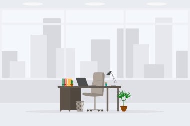 Design of modern empty office working place 3/4 side view vector illustration. Table, desk, chair, computer, laptop, stationery folder, plant, lamp, trash bin isolated on cityscape background