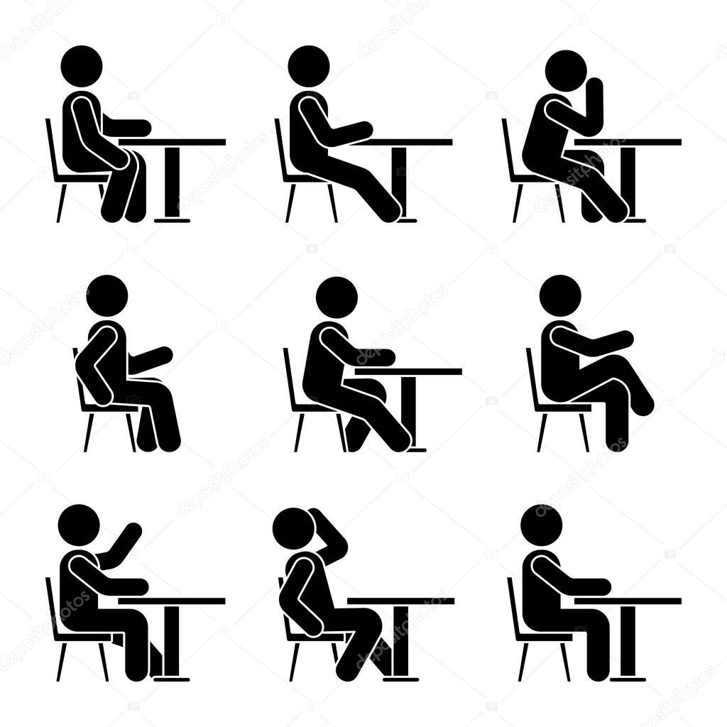 Sitting on chair at desk stick figure man side view poses pictogram vector icon set. Boy silhouette seated happy, comfy, sad, tired sign on white background