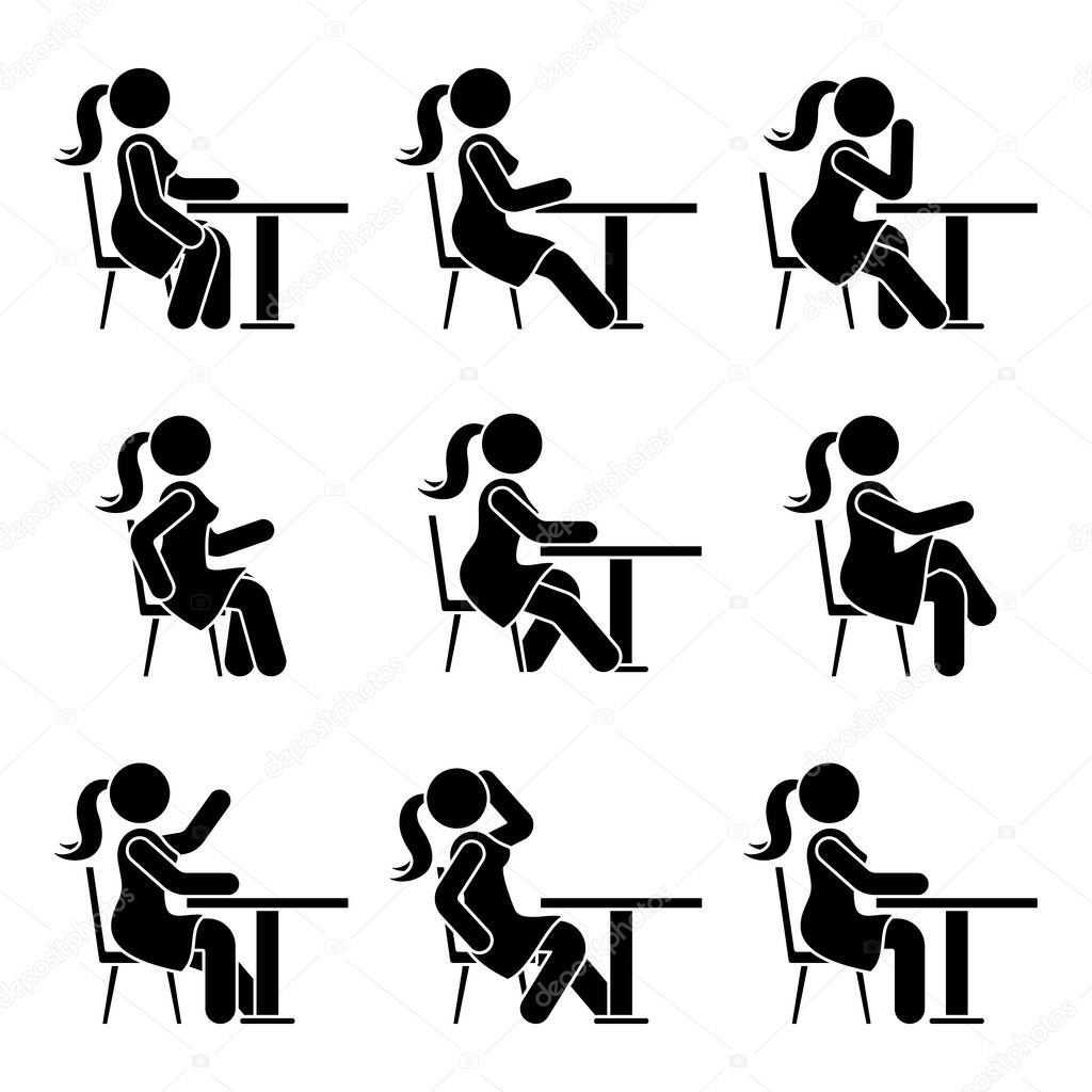 Sitting on chair at desk stick figure woman side view poses pictogram vector icon set. Girl silhouette seated happy, comfy, sad, tired sign on white background