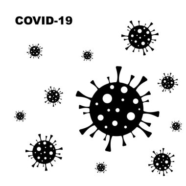 Beyaz arkaplanda Coronavirus bakteri hücresi siyah ve beyaz siluet vektör simgesi pictogram