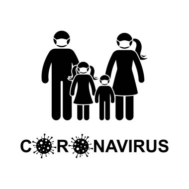 Coronavirus çöp adam, kadın, çocuklar, çocuk simgesi sembolü resimli resim. Stickman ailesi, virüs bulaşmasını önlemek için maske takıyor.