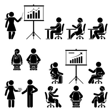 Çubuk adam, kadın öğretmen, eğitim, atölye çalışması, ders, konferans, vektör ikonu seti. Oğlan, kız, öğrenci, ofis, okul, sınıf, kurs insanları beyaz üzerine siluet