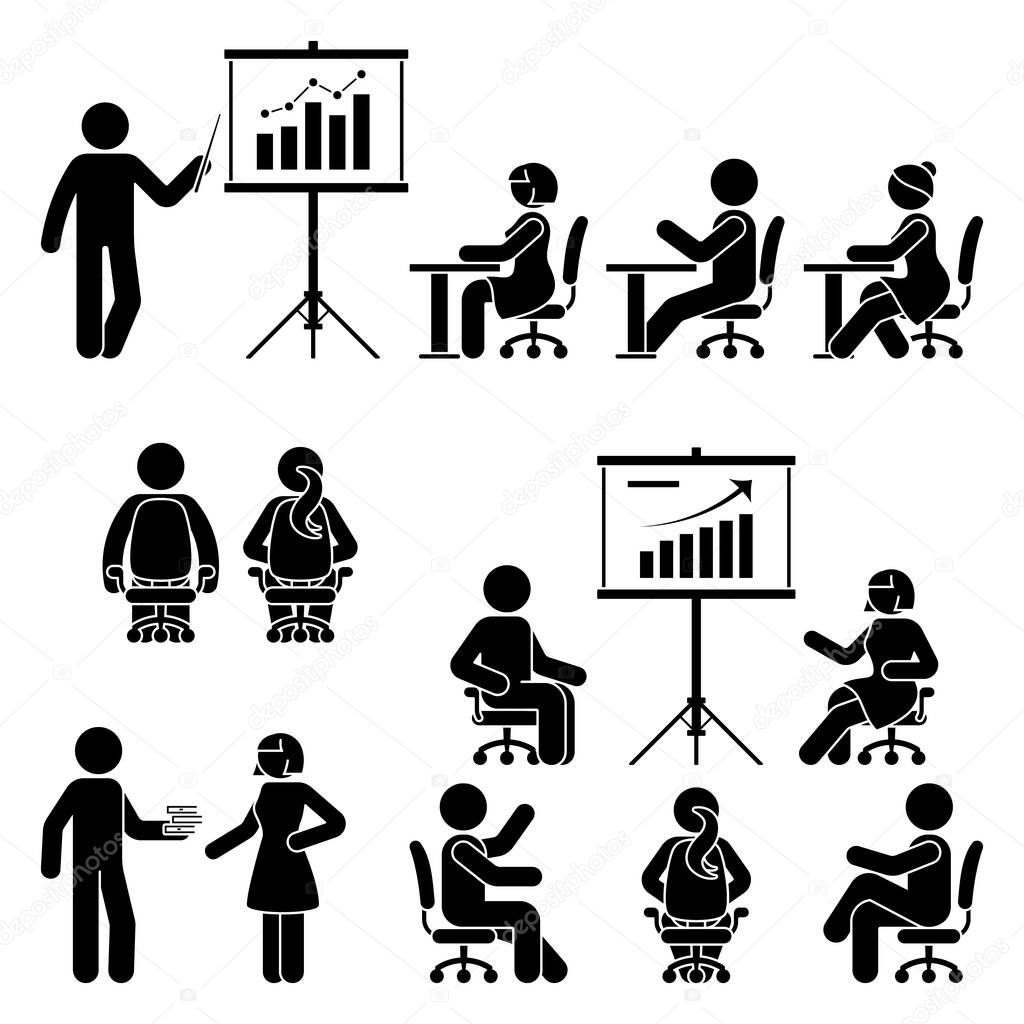 Stick figure man, woman teaching, training, studying workshop, lesson, conference, meeting vector icon set. Male, female, student, employee at office, school, class, course people silhouette on white