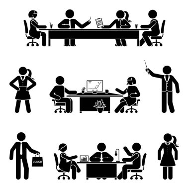 İş yerindeki ofis çalışanı ve kadın vektör ikonu seti. Takım çalışanları konuşuyor, müzakere ediyor, tartışıyor, çalışıyor, masada oturuyor, bilgisayarı beyaz üzerine kullanıyor.