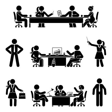Çubuk figür ofis erkeği ve kadın iş yeri vektör ikonu setinde. Bir grup iş arkadaşı konuşuyor, müzakere ediyor, tartışıyor, çalışıyor, masada oturuyor, bilgisayarı beyaz üzerine kullanıyor.