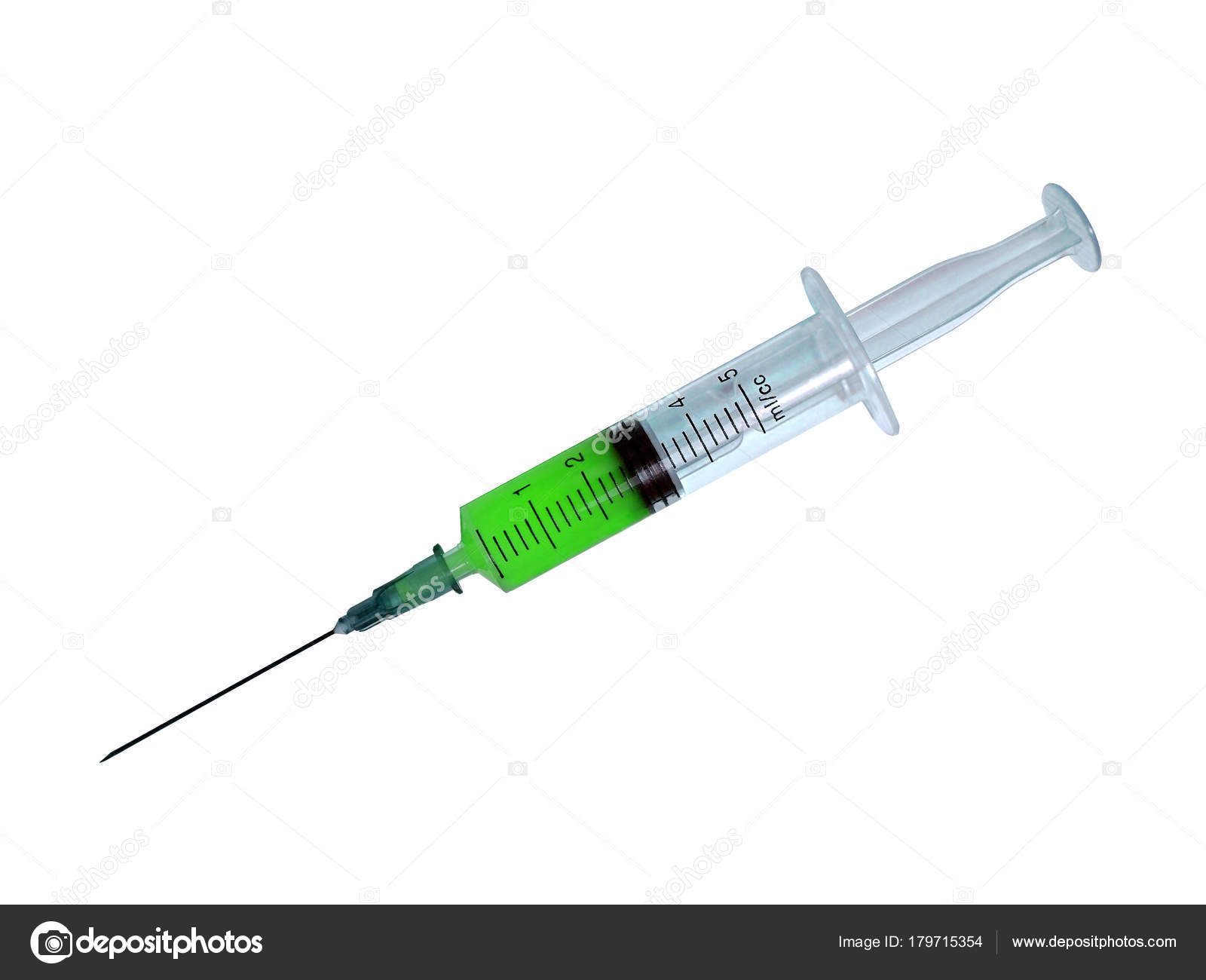 Medical syringe with a sharp needle, toxic green content, isolat ...
