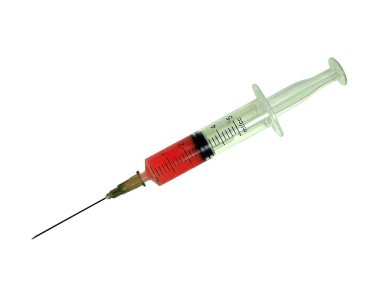 tıbbi şırınga keskin iğne, kırmızı içeriği ile izole