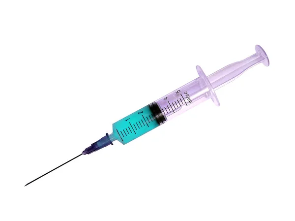 Medizinische Spritze mit scharfer Nadel, hellblauer Inhalt, isoliert — Stockfoto