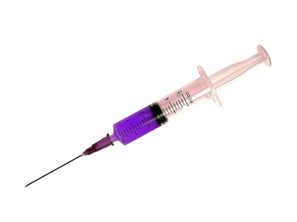 Medical syringe with a sharp needle, violet content, isolate — Stock Photo, Image