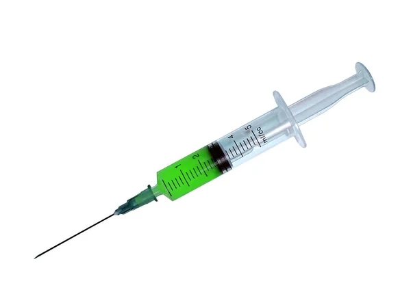 Medical syringe with a sharp needle, toxic green content, isolat — Stock Photo, Image