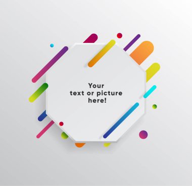 Kağıt kartlı vektör arkaplan ve soyut renkli şekiller. Modern malzeme tasarım tarzında modaya uygun neon çizgiler ve daireler..