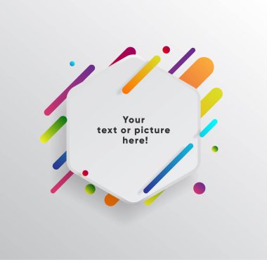 Kağıt kartlı vektör arkaplan ve soyut renkli şekiller. Modern malzeme tasarım tarzında modaya uygun neon çizgiler ve daireler..