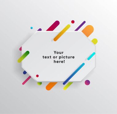 Kağıt kartlı vektör arkaplan ve soyut renkli şekiller. Modern malzeme tasarım tarzında modaya uygun neon çizgiler ve daireler..