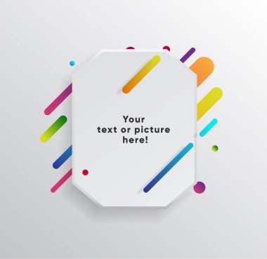 Kağıt kartlı vektör arkaplan ve soyut renkli şekiller. Modern malzeme tasarım tarzında modaya uygun neon çizgiler ve daireler..