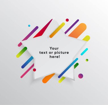 Kağıt kartlı vektör arkaplan ve soyut renkli şekiller. Modern malzeme tasarım tarzında modaya uygun neon çizgiler ve daireler..