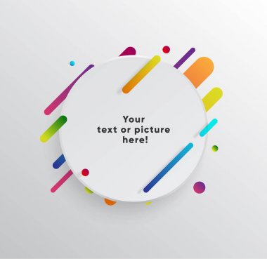 Kağıt kartlı vektör arkaplan ve soyut renkli şekiller. Modern malzeme tasarım tarzında modaya uygun neon çizgiler ve daireler..