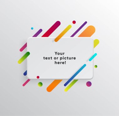 Kağıt kartlı vektör arkaplan ve soyut renkli şekiller. Modern malzeme tasarım tarzında modaya uygun neon çizgiler ve daireler..